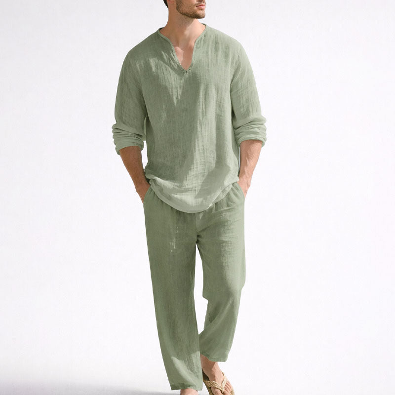 CONOR™™ | Men's Linen Blend V-Neck Shirt Trousers Set