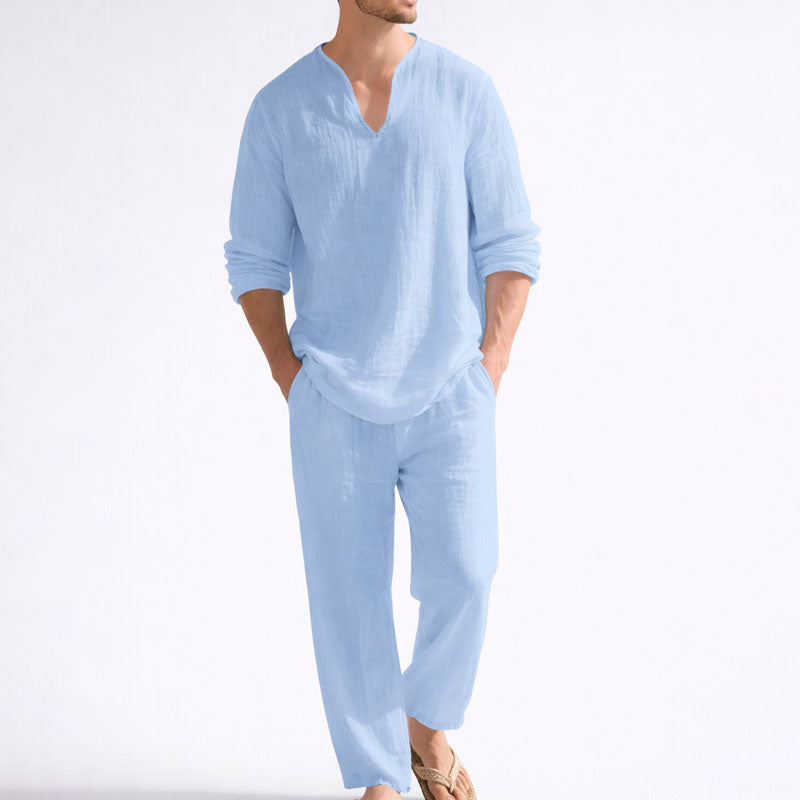 CONOR™™ | Men's Linen Blend V-Neck Shirt Trousers Set
