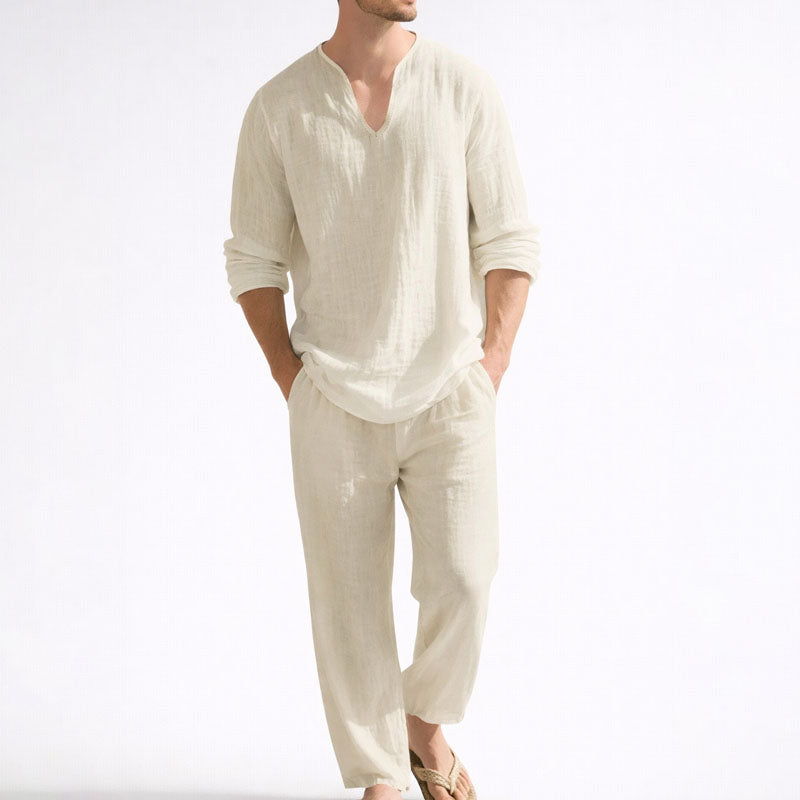 CONOR™™ | Men's Linen Blend V-Neck Shirt Trousers Set