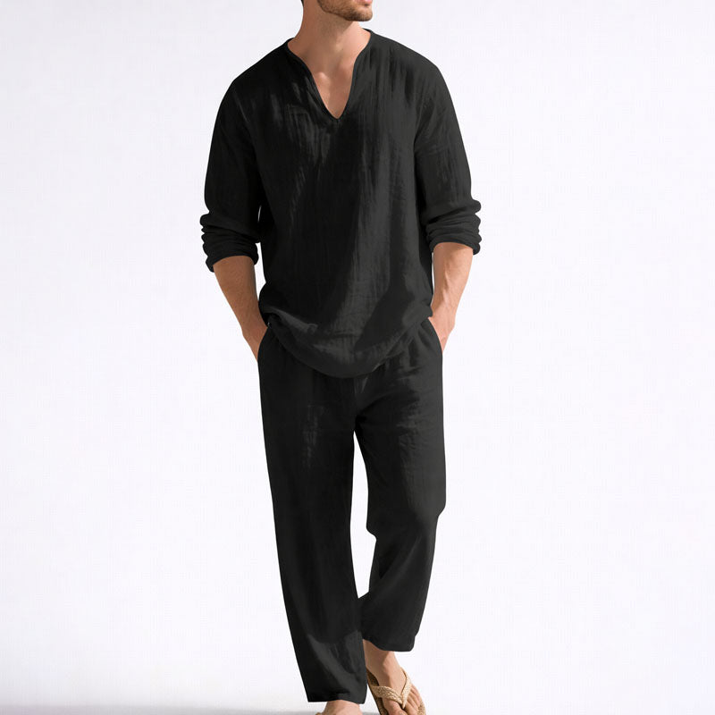 CONOR™™ | Men's Linen Blend V-Neck Shirt Trousers Set
