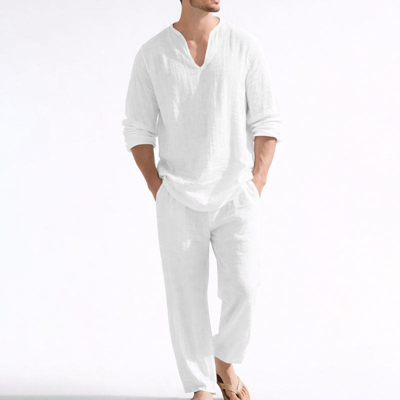 CONOR™™ | Men's Linen Blend V-Neck Shirt Trousers Set