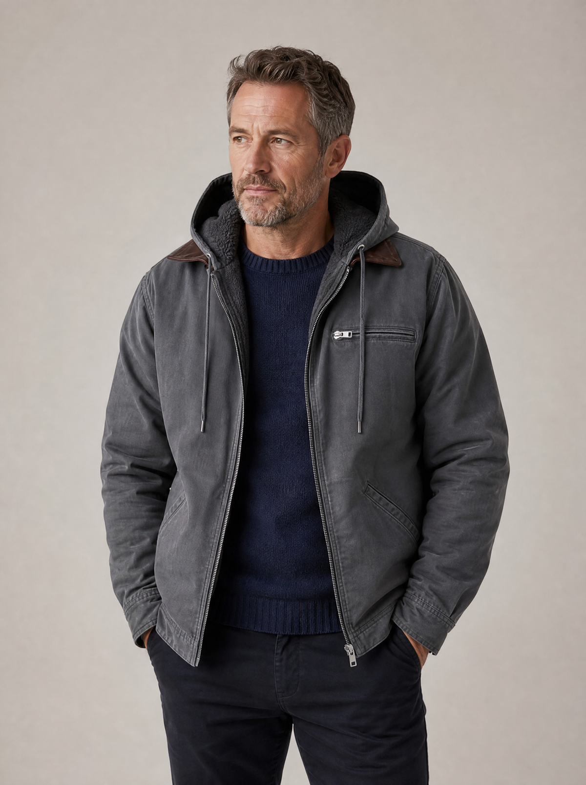 Canvas Fleece-Lined Hooded Jacket in Grey