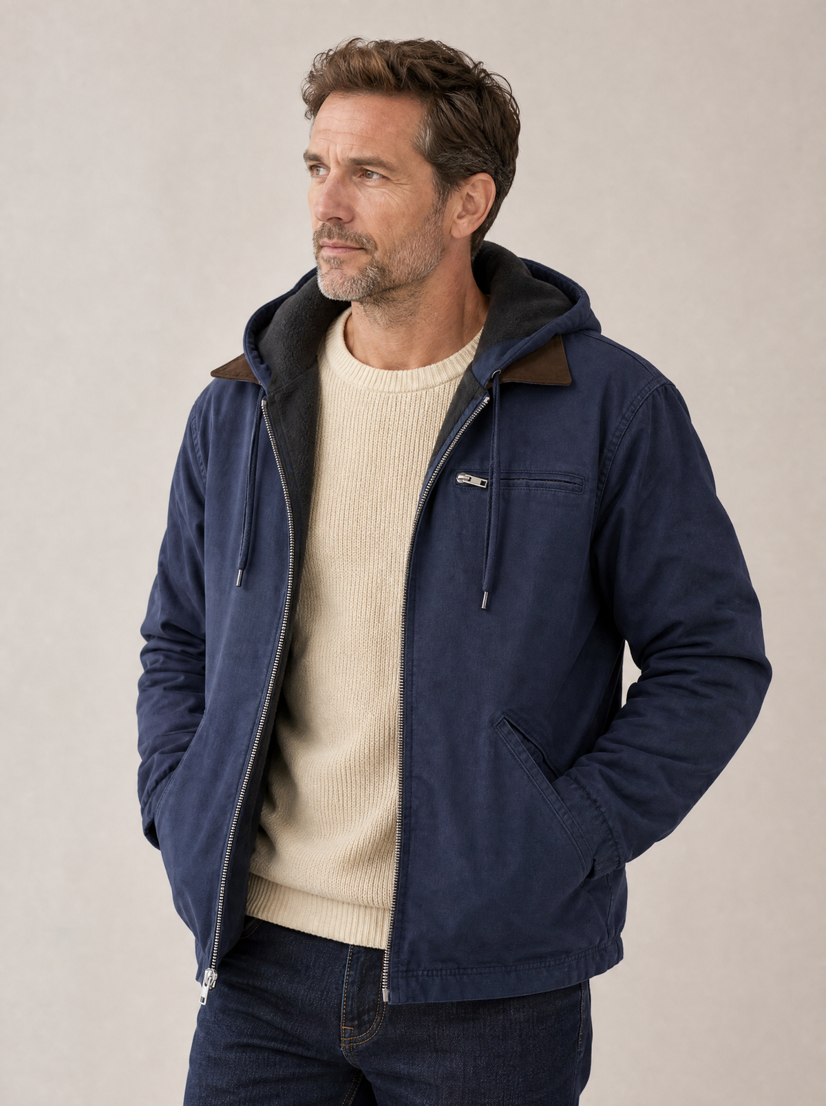 Canvas Fleece-Lined Hooded Jacket in Navy Blue